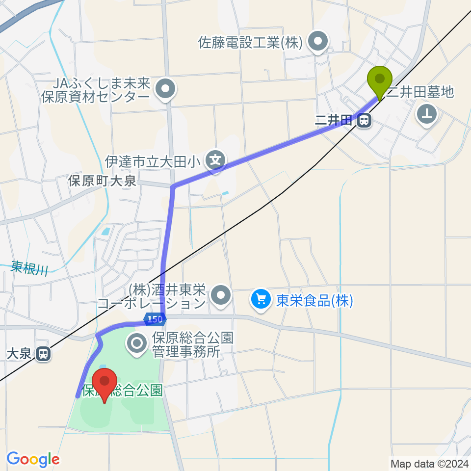 二井田駅からエフコム大泉球場へのルートマップ地図