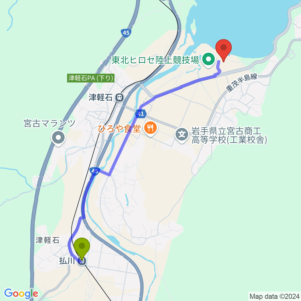 払川駅から東北ヒロセ野球場へのルートマップ地図