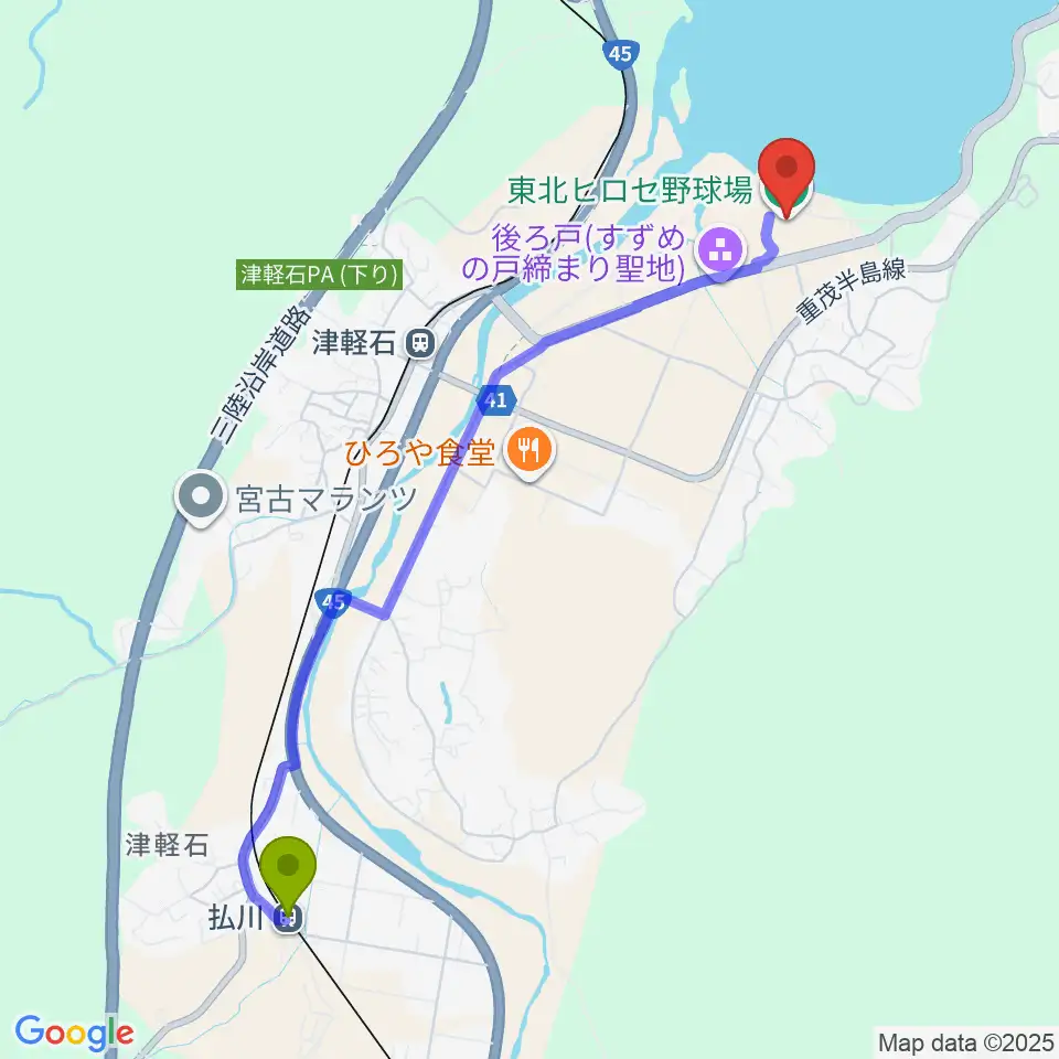 払川駅から東北ヒロセ野球場へのルートマップ地図
