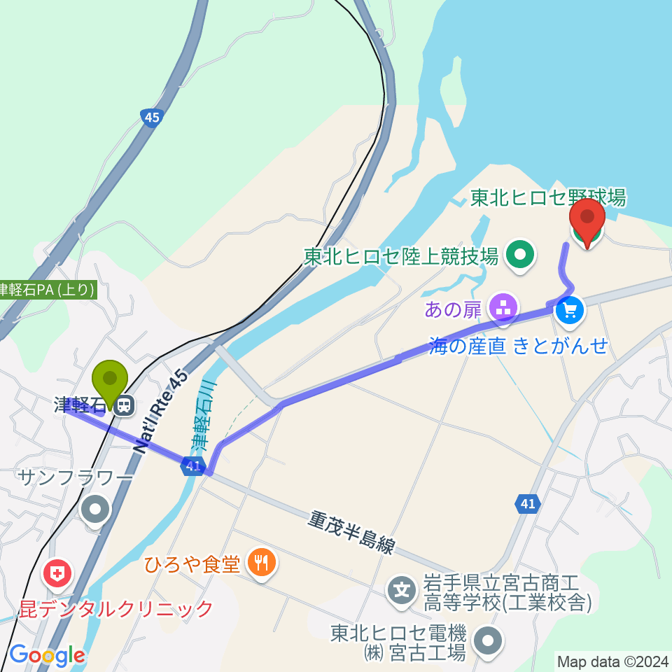 東北ヒロセ野球場の最寄駅津軽石駅からの徒歩ルート（約22分）地図