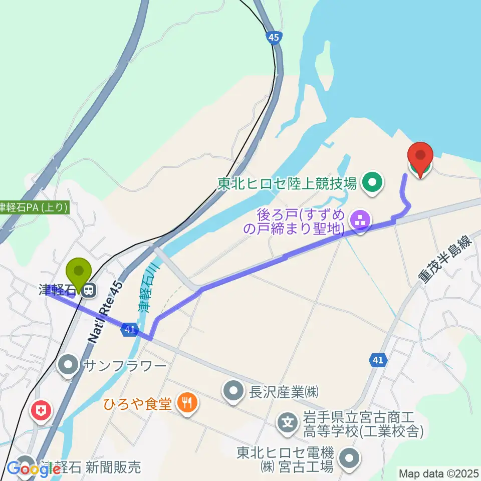 東北ヒロセ野球場の最寄駅津軽石駅からの徒歩ルート（約22分）地図