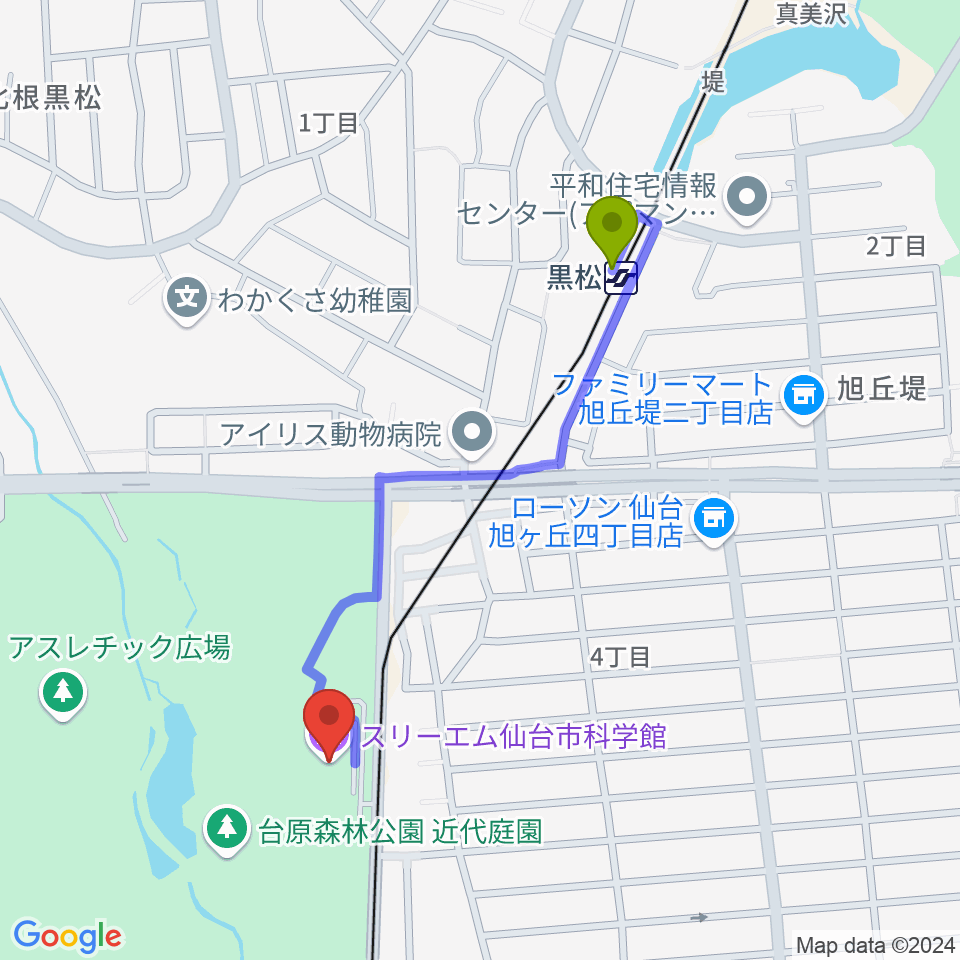 黒松駅からスリーエム仙台市科学館へのルートマップ地図