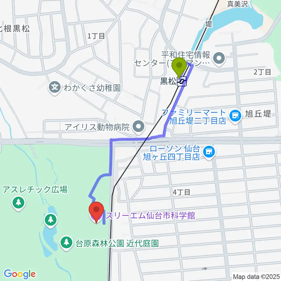 黒松駅からHOKUSHU仙台市科学館へのルートマップ地図