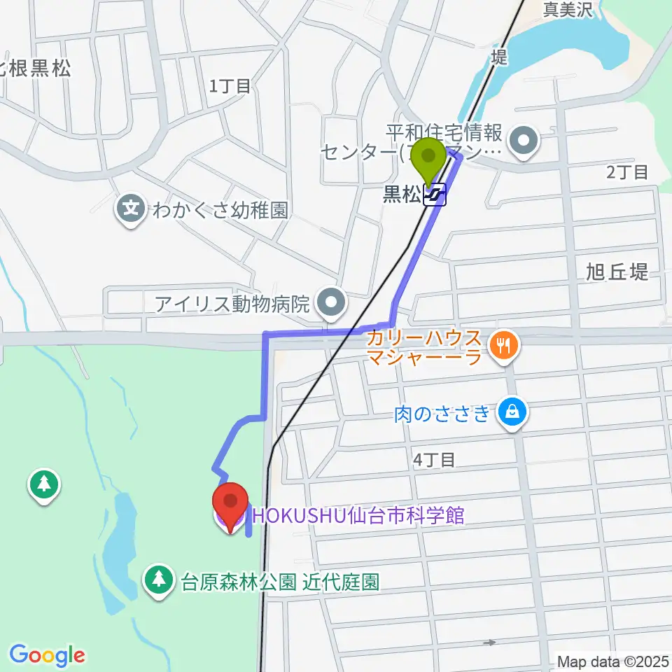 黒松駅からHOKUSHU仙台市科学館へのルートマップ地図