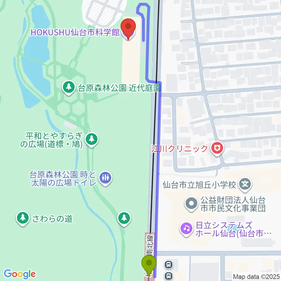 HOKUSHU仙台市科学館の最寄駅旭ヶ丘駅からの徒歩ルート（約6分）地図