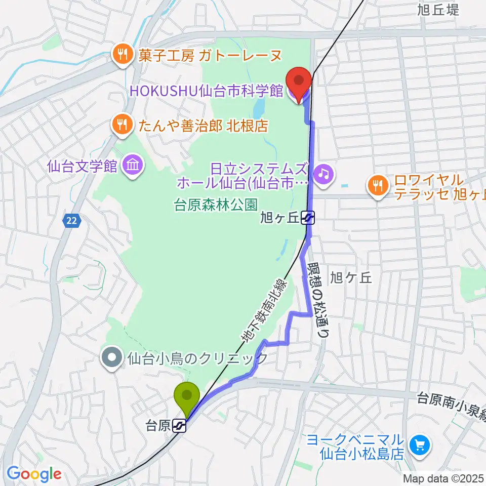 台原駅からHOKUSHU仙台市科学館へのルートマップ地図