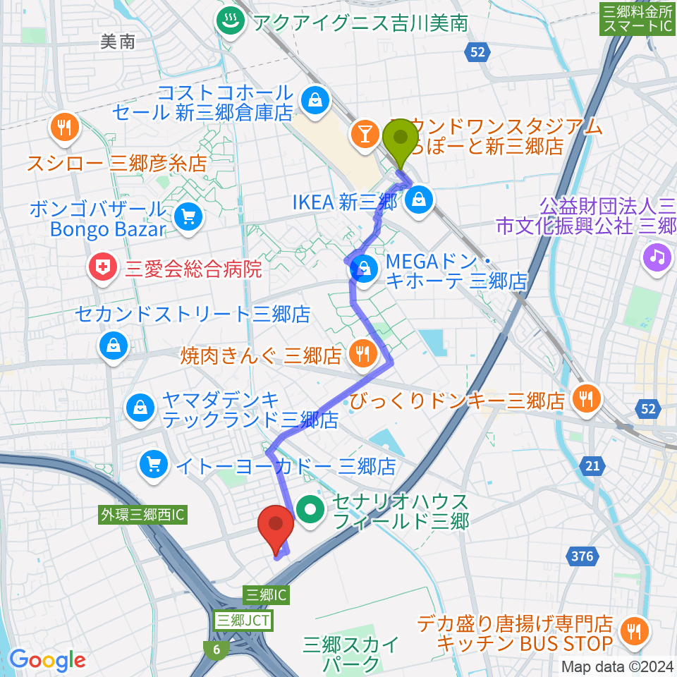 セナリオハウスフィールド三郷の最寄駅新三郷駅からの徒歩ルート（約37分）地図