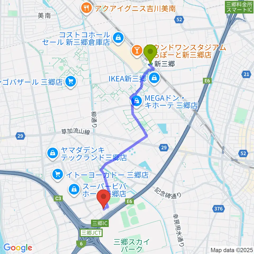 セナリオハウスフィールド三郷の最寄駅新三郷駅からの徒歩ルート（約37分）地図