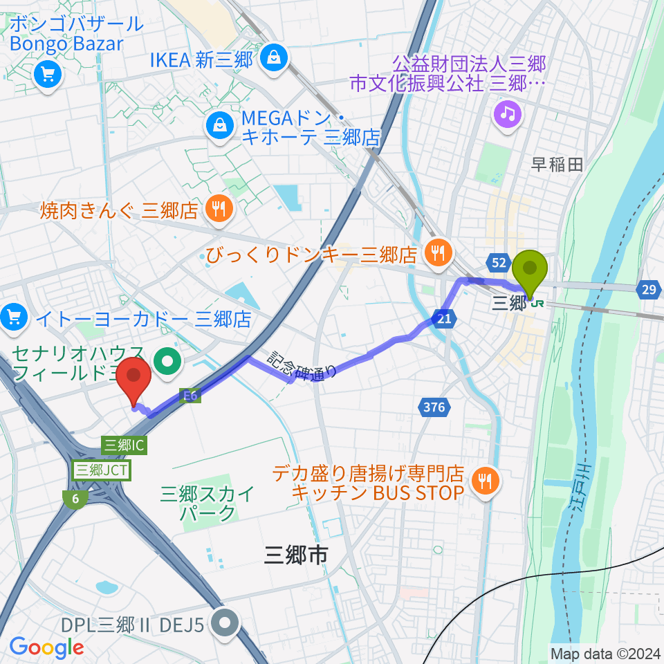 三郷駅からセナリオハウスフィールド三郷へのルートマップ地図