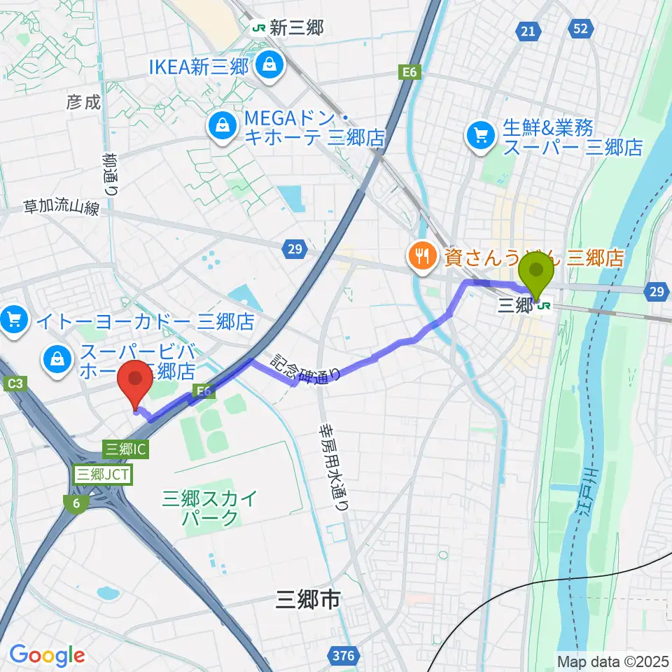 三郷駅からセナリオハウスフィールド三郷へのルートマップ地図