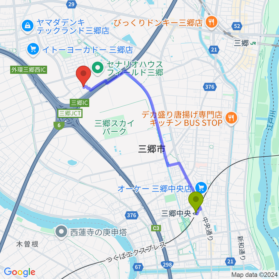 三郷中央駅からセナリオハウスフィールド三郷へのルートマップ地図