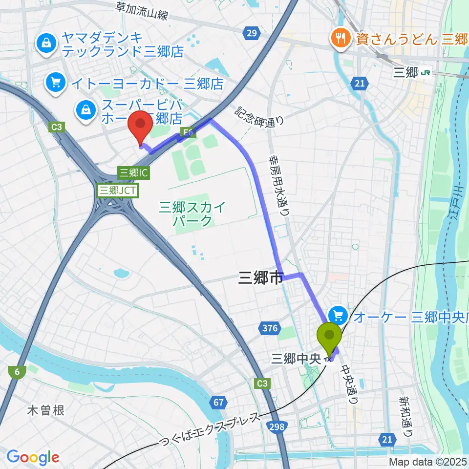 三郷中央駅からセナリオハウスフィールド三郷へのルートマップ地図