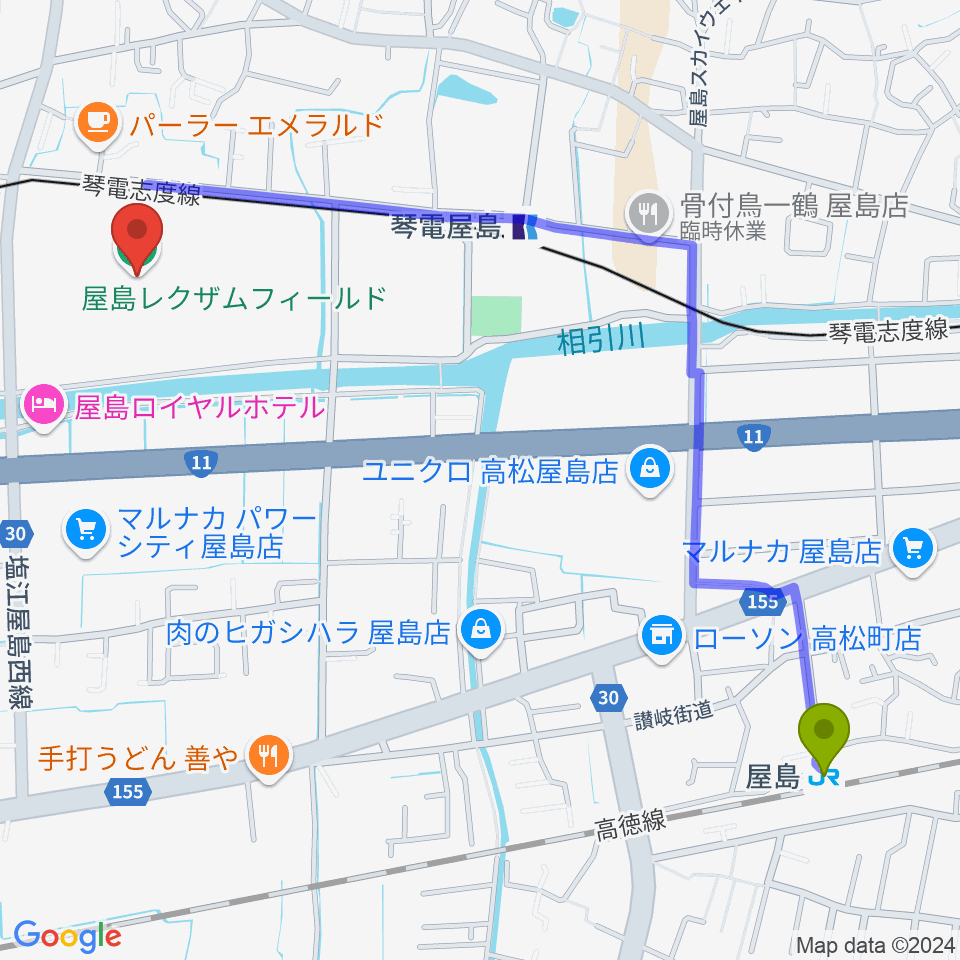 屋島駅から屋島レクザムフィールドへのルートマップ地図