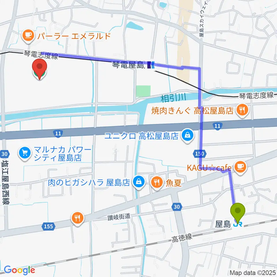 屋島駅から屋島レクザムフィールドへのルートマップ地図