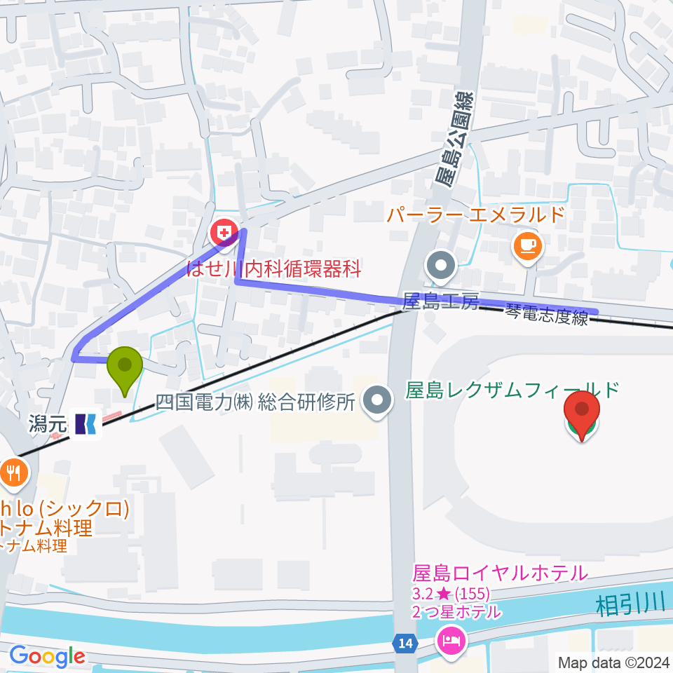 屋島レクザムフィールドの最寄駅潟元駅からの徒歩ルート（約5分）地図