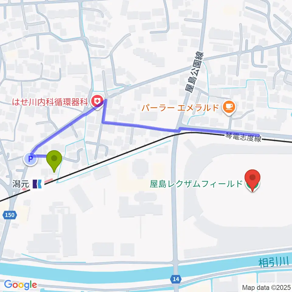 屋島レクザムフィールドの最寄駅潟元駅からの徒歩ルート（約5分）地図