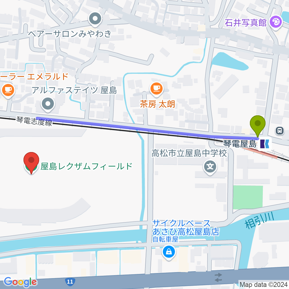 琴電屋島駅から屋島レクザムフィールドへのルートマップ地図