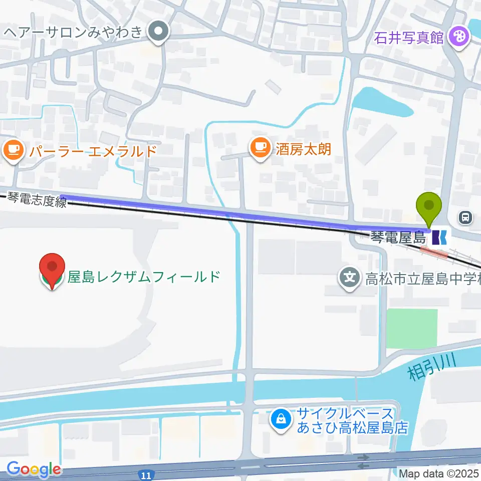 琴電屋島駅から屋島レクザムフィールドへのルートマップ地図