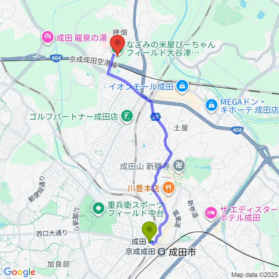 成田駅からなごみの米屋ぴーちゃんフィールド大谷津 野球場へのルートマップ地図