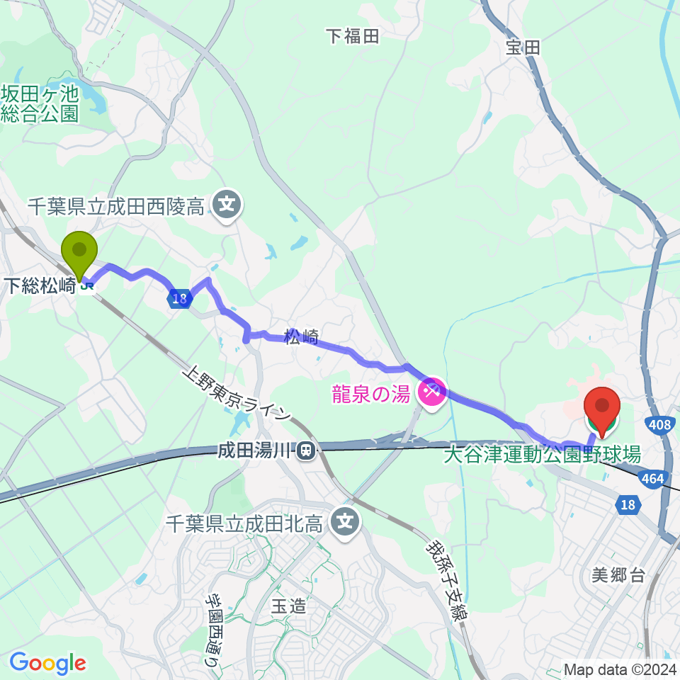 下総松崎駅からなごみの米屋ぴーちゃんフィールド大谷津 野球場へのルートマップ地図