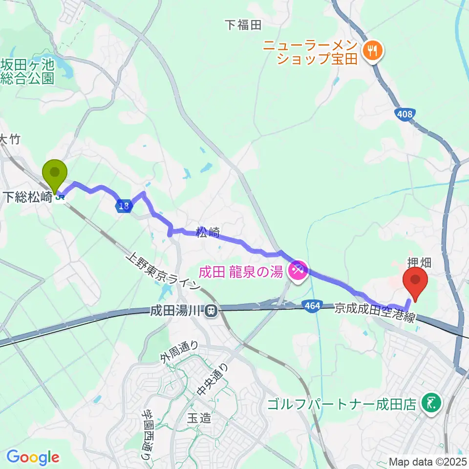 下総松崎駅からなごみの米屋ぴーちゃんフィールド大谷津 野球場へのルートマップ地図