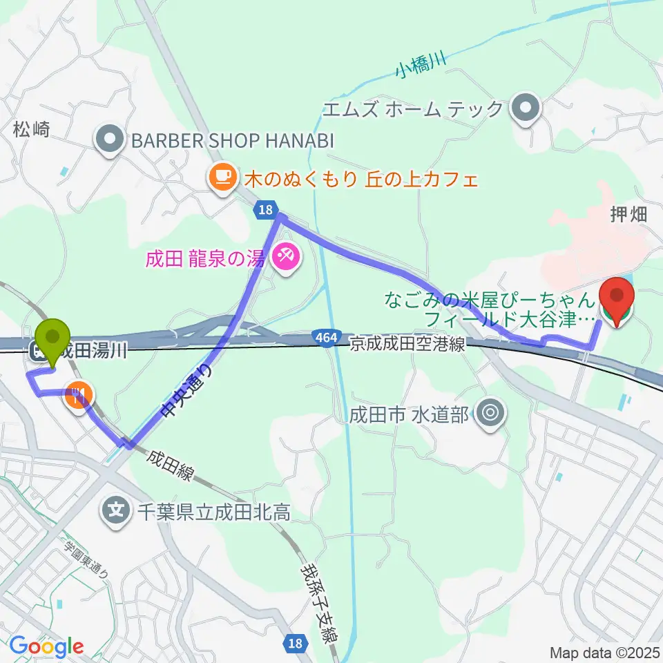 なごみの米屋ぴーちゃんフィールド大谷津 野球場の最寄駅成田湯川駅からの徒歩ルート（約26分）地図