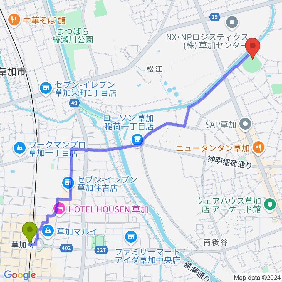 草加駅から旭鋼管ベースボールパークへのルートマップ地図