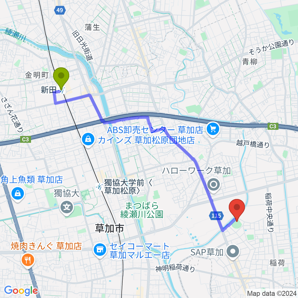 新田駅から旭鋼管ベースボールパークへのルートマップ地図