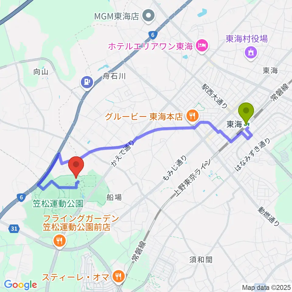 まるたか観光アリーナの最寄駅東海駅からの徒歩ルート（約38分）地図