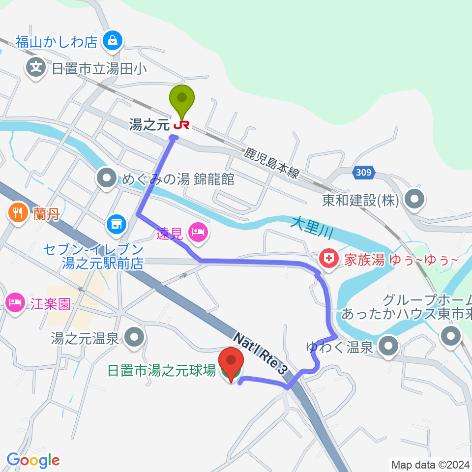 中村商会スタジアムの最寄駅湯之元駅からの徒歩ルート（約9分）地図