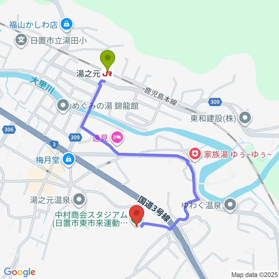 中村商会スタジアムの最寄駅湯之元駅からの徒歩ルート（約9分）地図