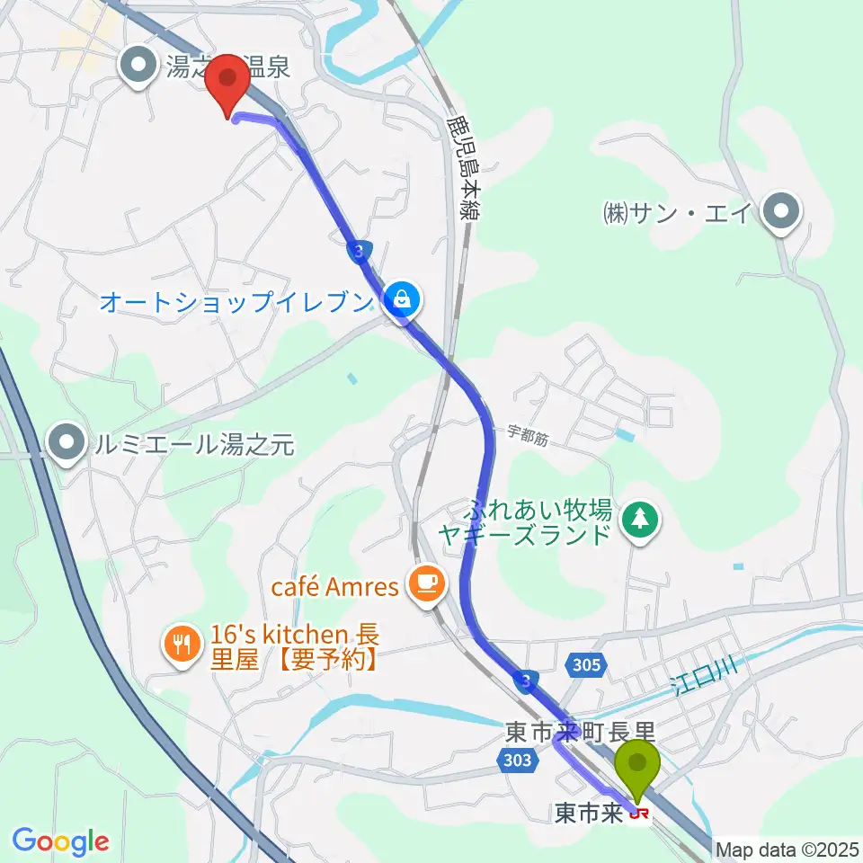 東市来駅から中村商会スタジアムへのルートマップ地図
