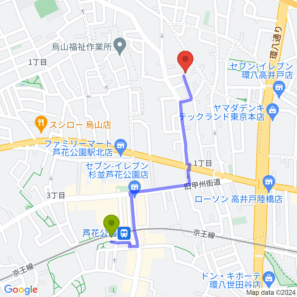 スタジオフォレスタの最寄駅芦花公園駅からの徒歩ルート（約9分）地図