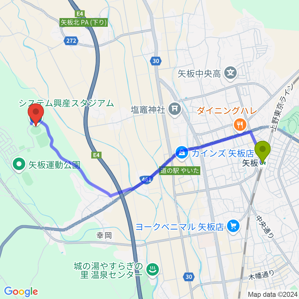 システム興産スタジアムの最寄駅矢板駅からの徒歩ルート（約47分）地図