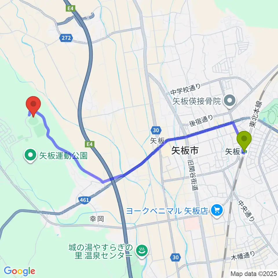 システム興産スタジアムの最寄駅矢板駅からの徒歩ルート（約47分）地図