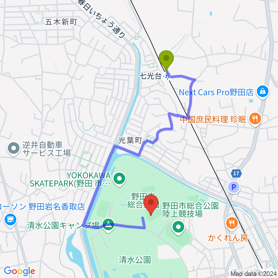 七光台駅からSAN-POWスタジアム野田へのルートマップ地図