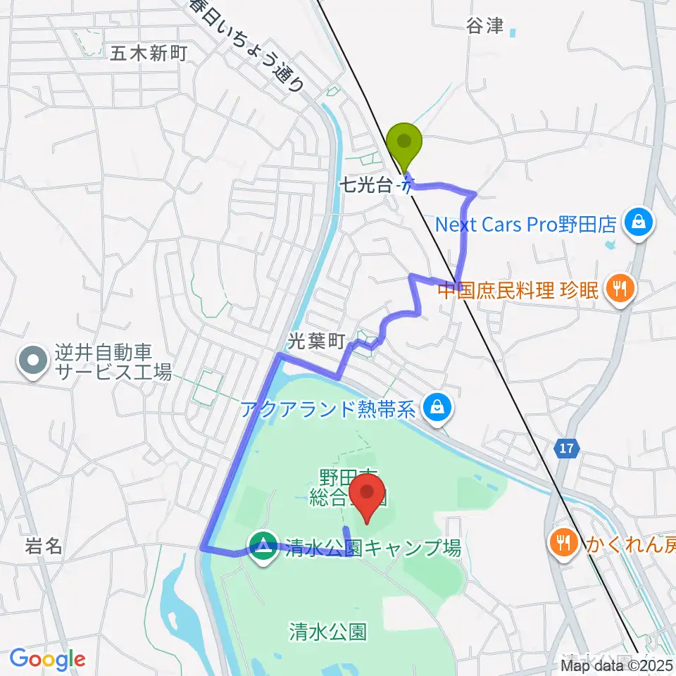 七光台駅からSAN-POWスタジアム野田へのルートマップ地図