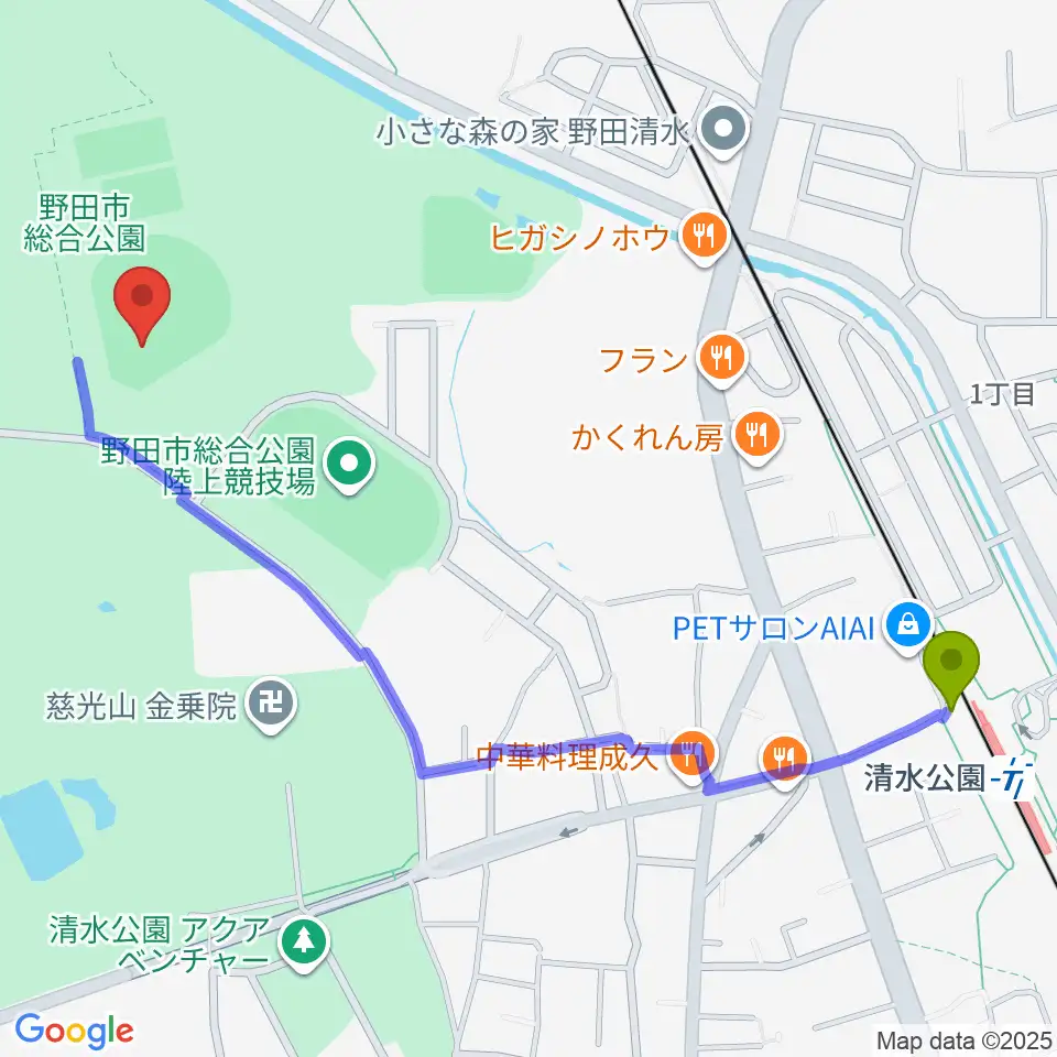 SAN-POWスタジアム野田の最寄駅清水公園駅からの徒歩ルート（約13分）地図