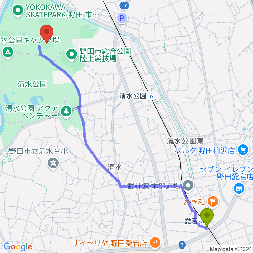 愛宕駅からSAN-POWスタジアム野田へのルートマップ地図