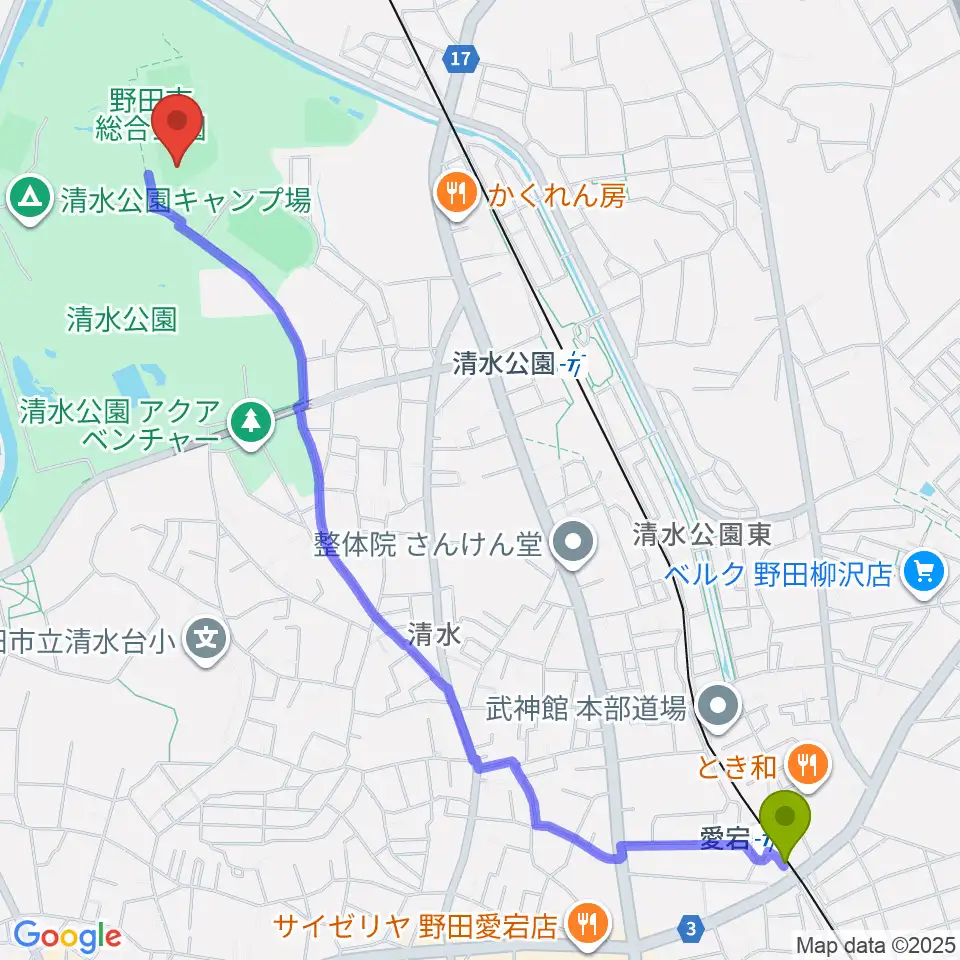 愛宕駅からSAN-POWスタジアム野田へのルートマップ地図