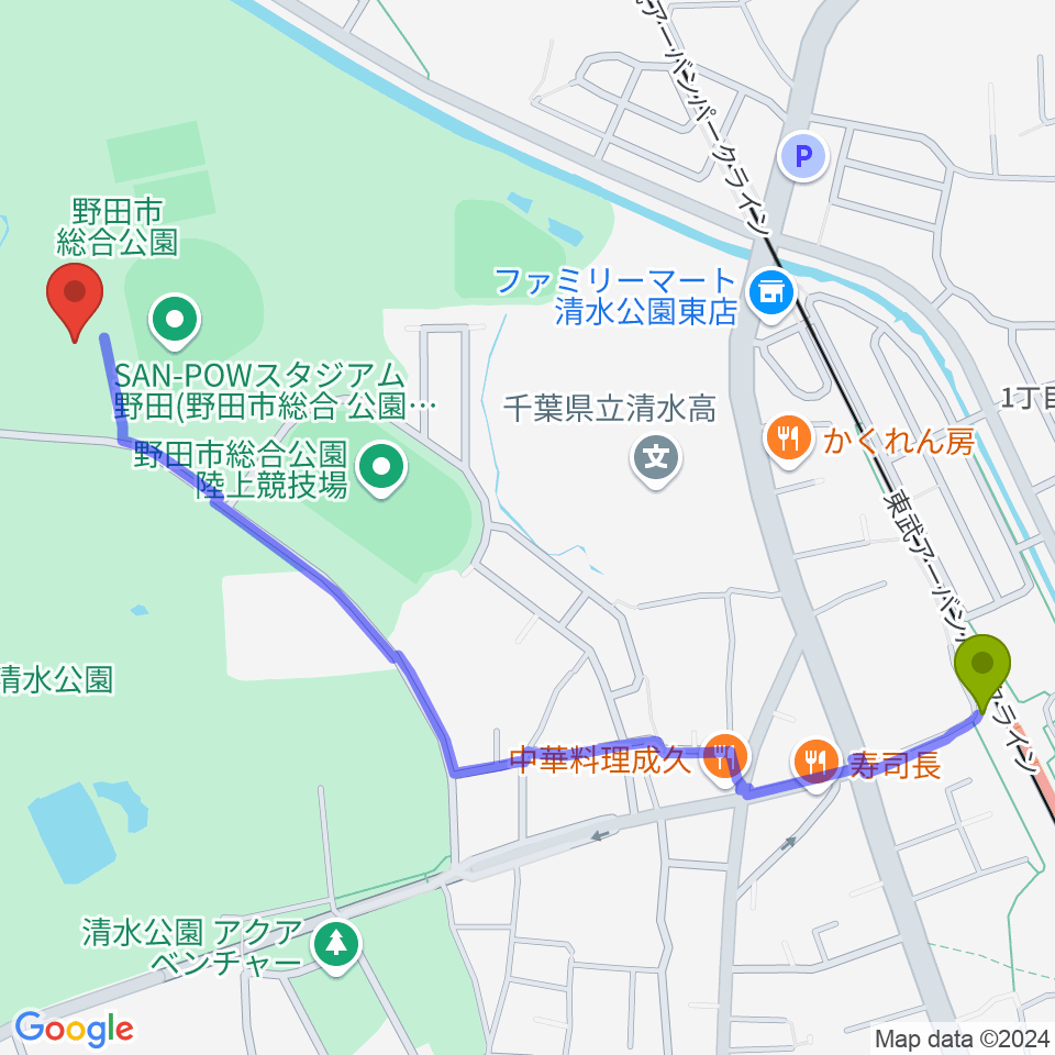 インフォマージュアリーナの最寄駅清水公園駅からの徒歩ルート（約14分）地図