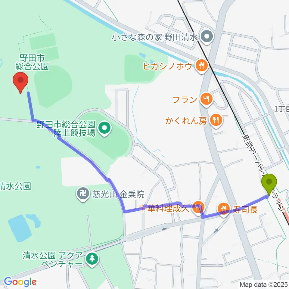 インフォマージュアリーナの最寄駅清水公園駅からの徒歩ルート（約14分）地図