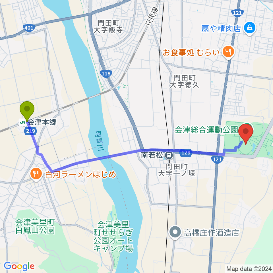 会津本郷駅からあいづ球場へのルートマップ地図