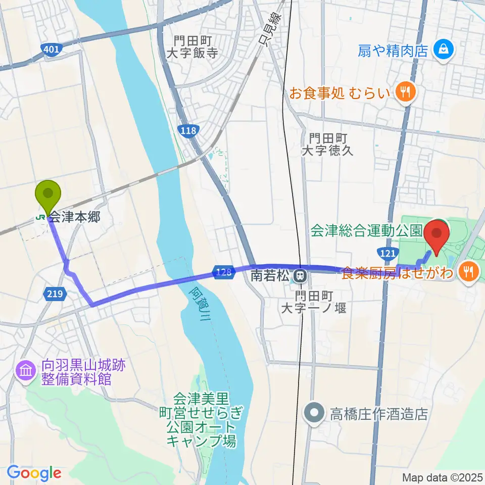 会津本郷駅からあいづ球場へのルートマップ地図