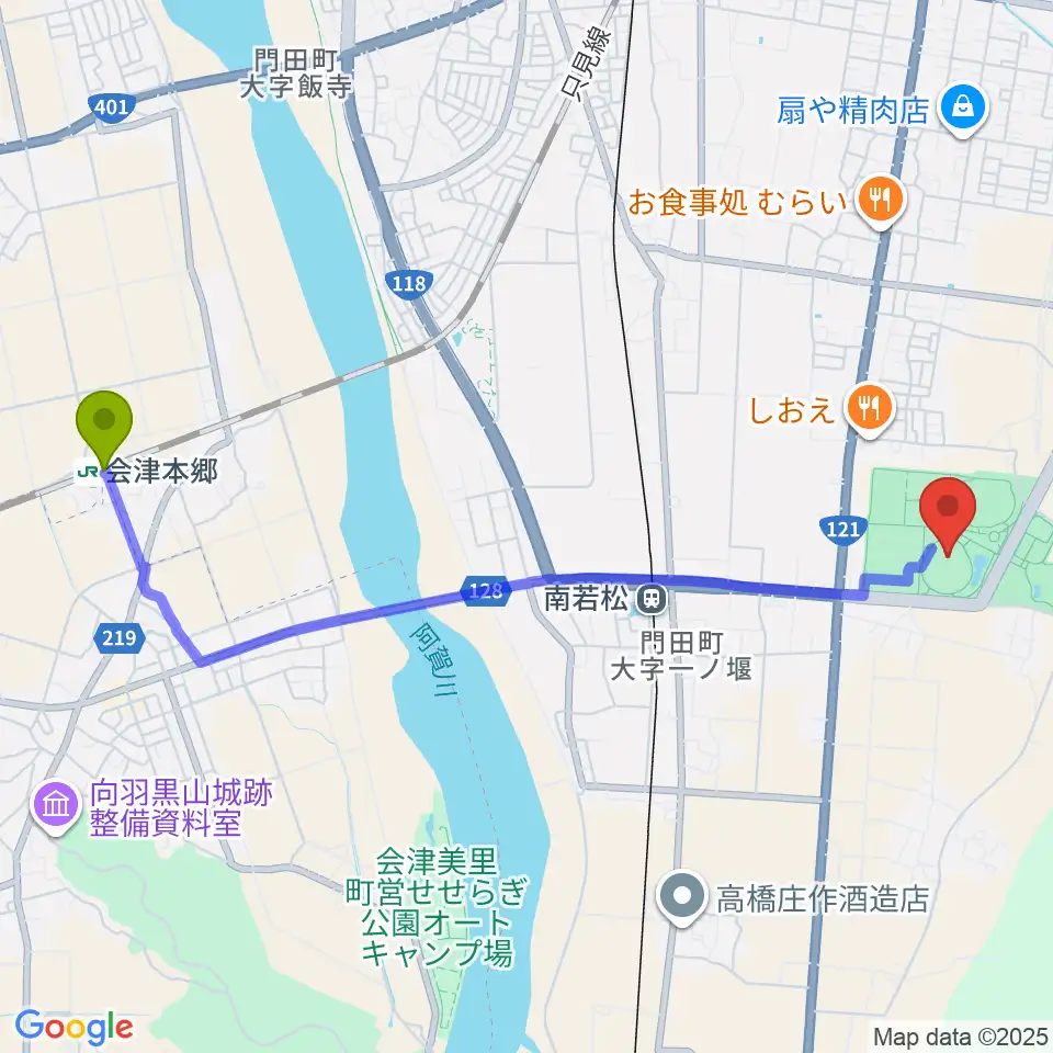 会津本郷駅からあいづ球場へのルートマップ地図