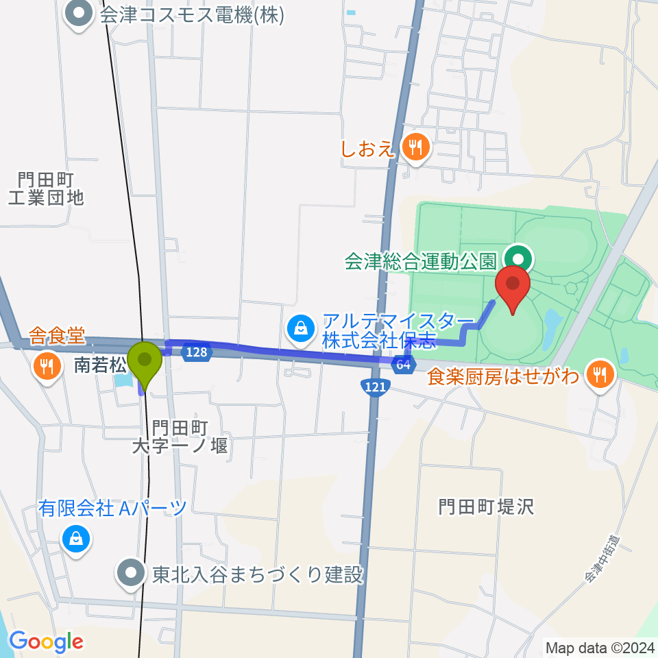 あいづ球場の最寄駅南若松駅からの徒歩ルート（約17分）地図