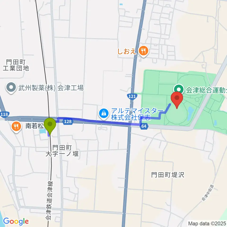 あいづ球場の最寄駅南若松駅からの徒歩ルート（約17分）地図