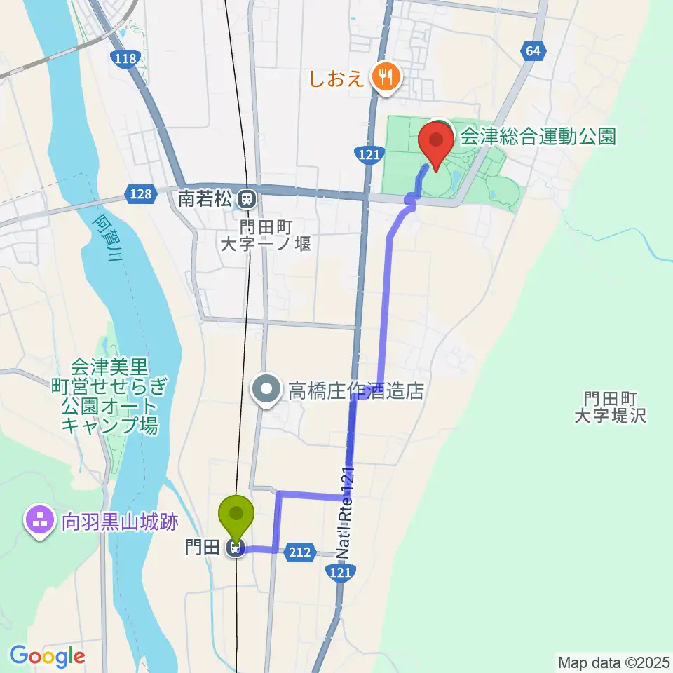 門田駅からあいづ球場へのルートマップ地図