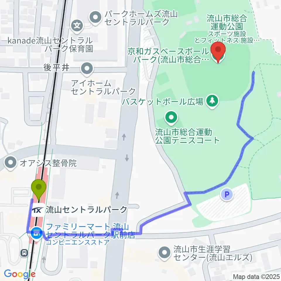 京和ガスベースボールパークの最寄駅流山セントラルパーク駅からの徒歩ルート（約6分）地図