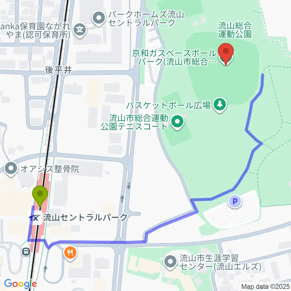 京和ガスベースボールパークの最寄駅流山セントラルパーク駅からの徒歩ルート（約6分）地図